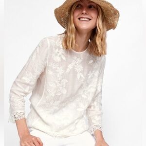ZARA Semi Sheer Lace Trim Blouse with Floral Embroidery